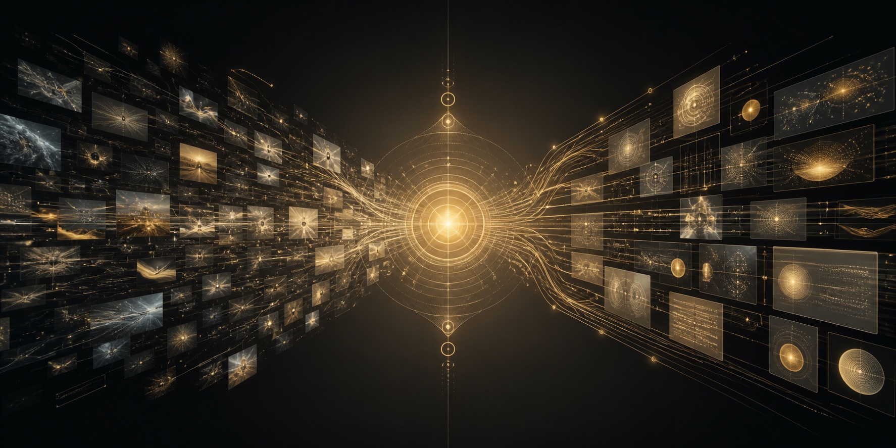 Many digital content streams and AI-generated media panels converging into one coherent golden brand signal