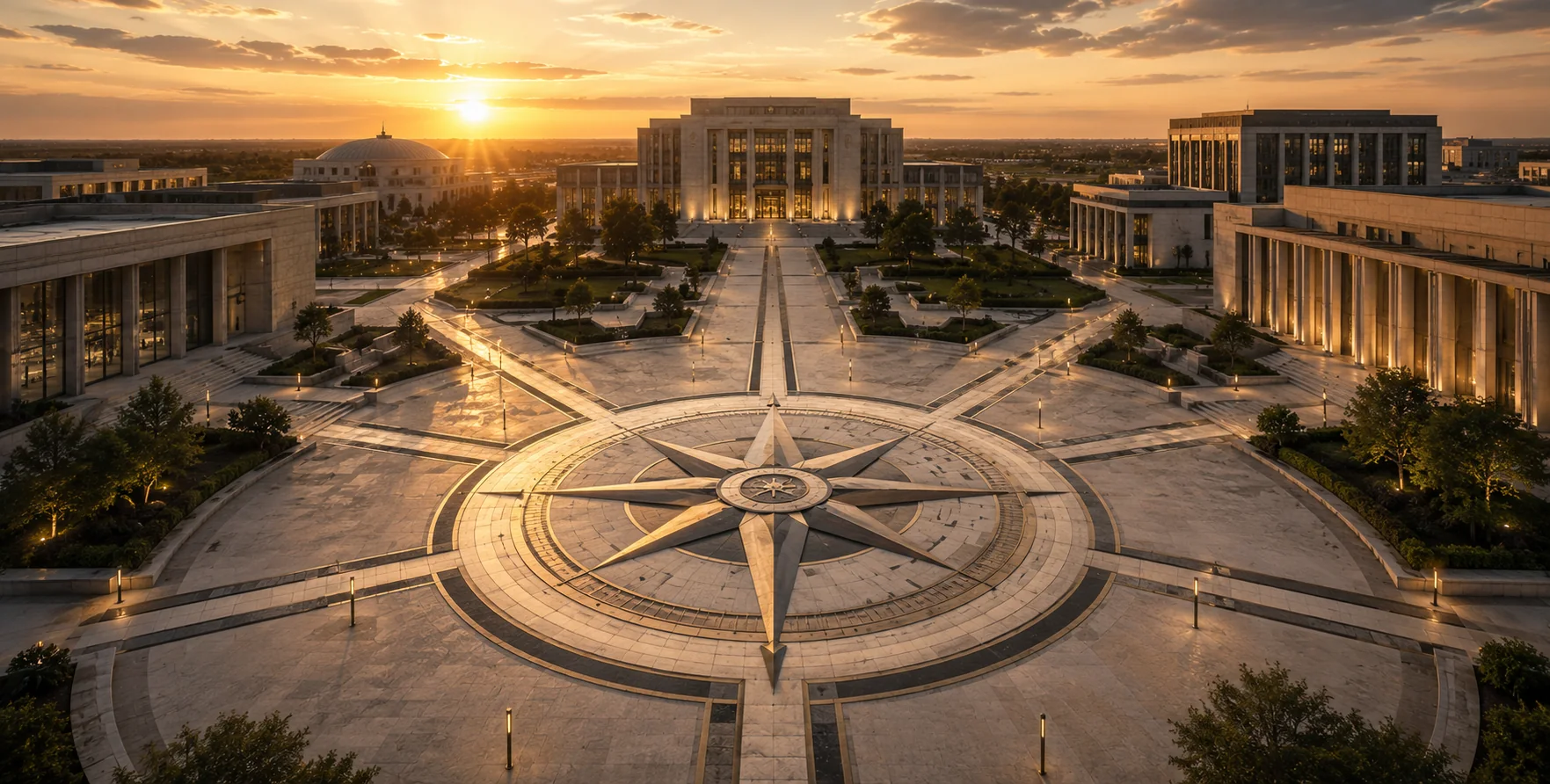Institutional campus organized around a central compass representing brand governance
