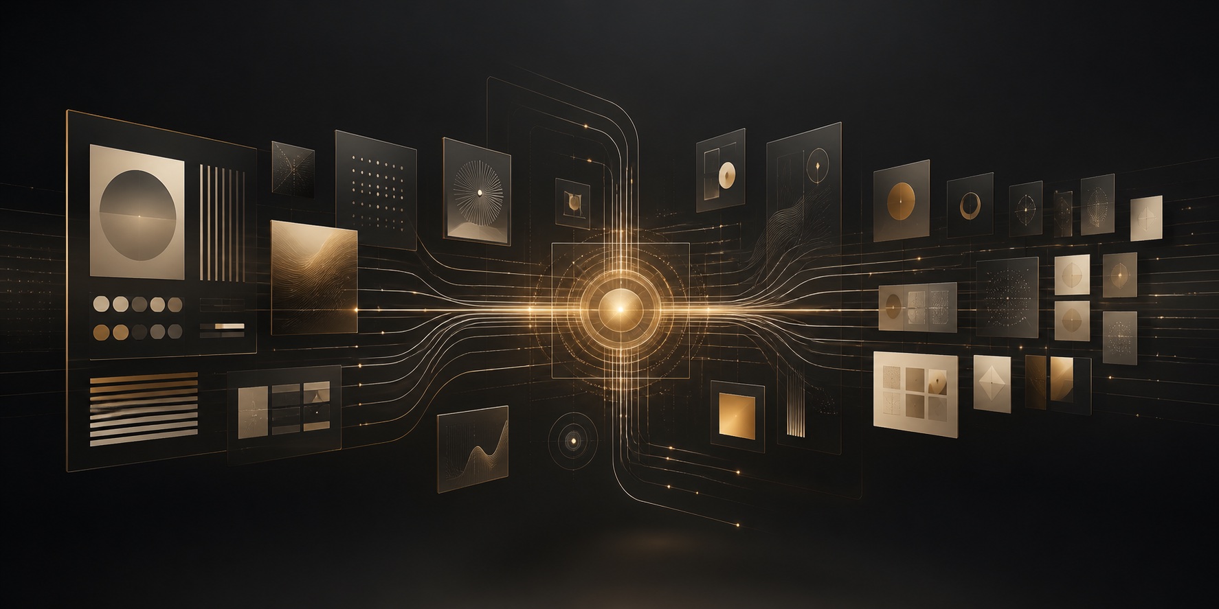 A futuristic brand system of illuminated identity panels and intelligent signal paths converging around a warm governance core