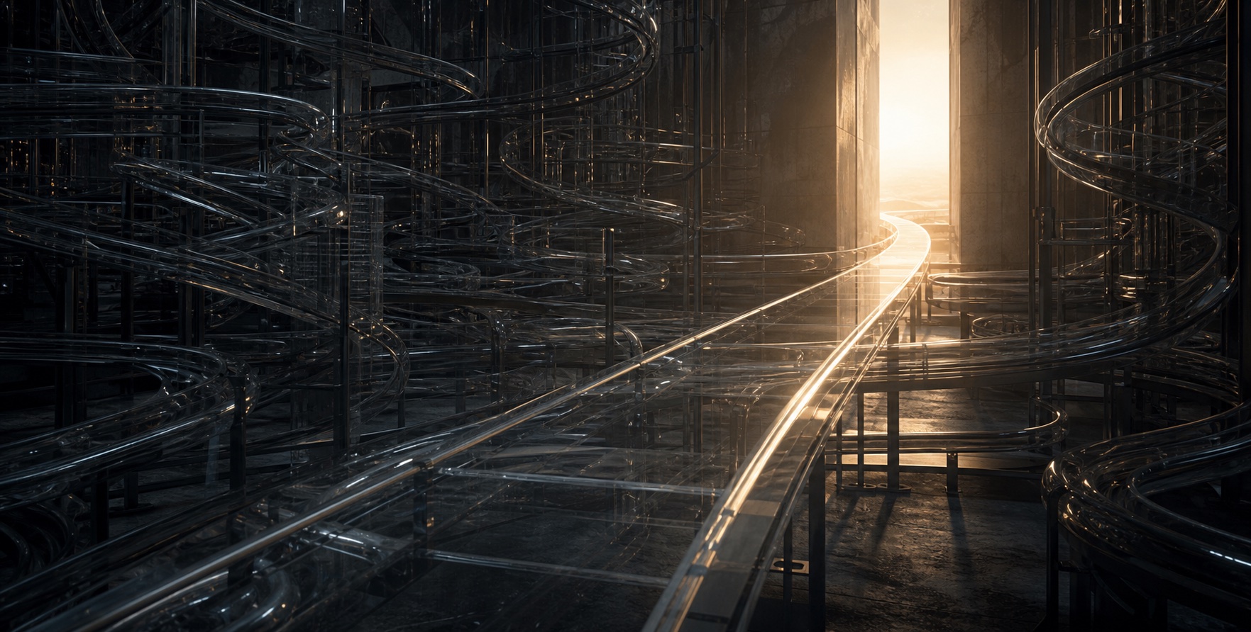 A clear illuminated path emerging from a complex network of dark glass structures