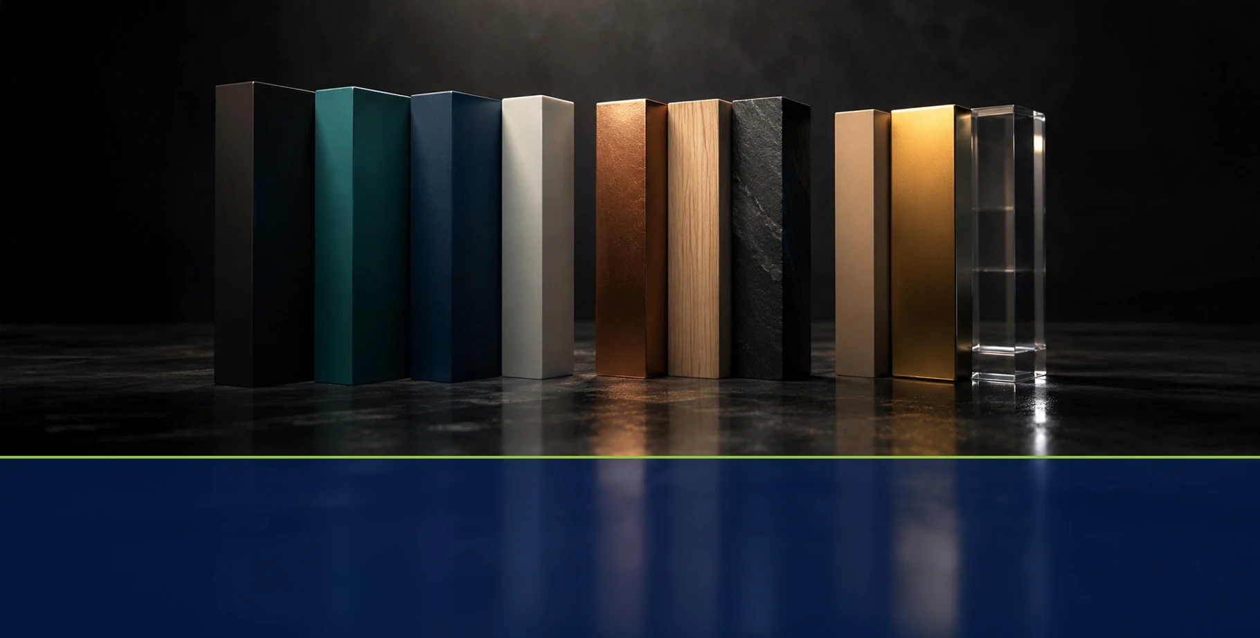 A row of standing brand material swatches in mixed finishes, from muted fabric tones to metallics and glass
