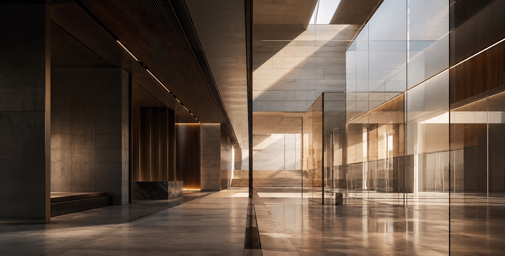 Warm architectural interior with glass, light, and material systems representing purpose and perception