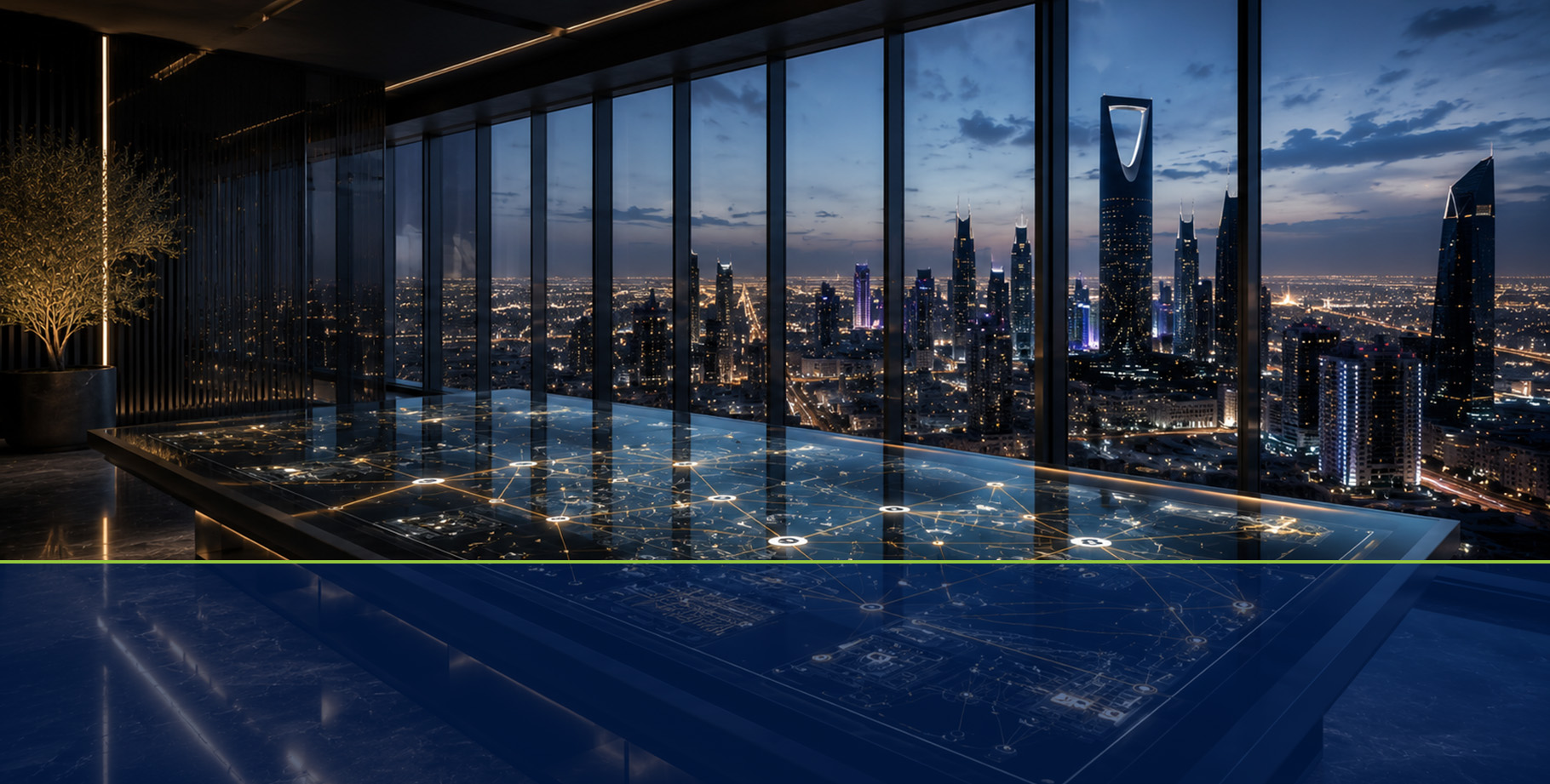 Night view over Riyadh from a strategic planning room