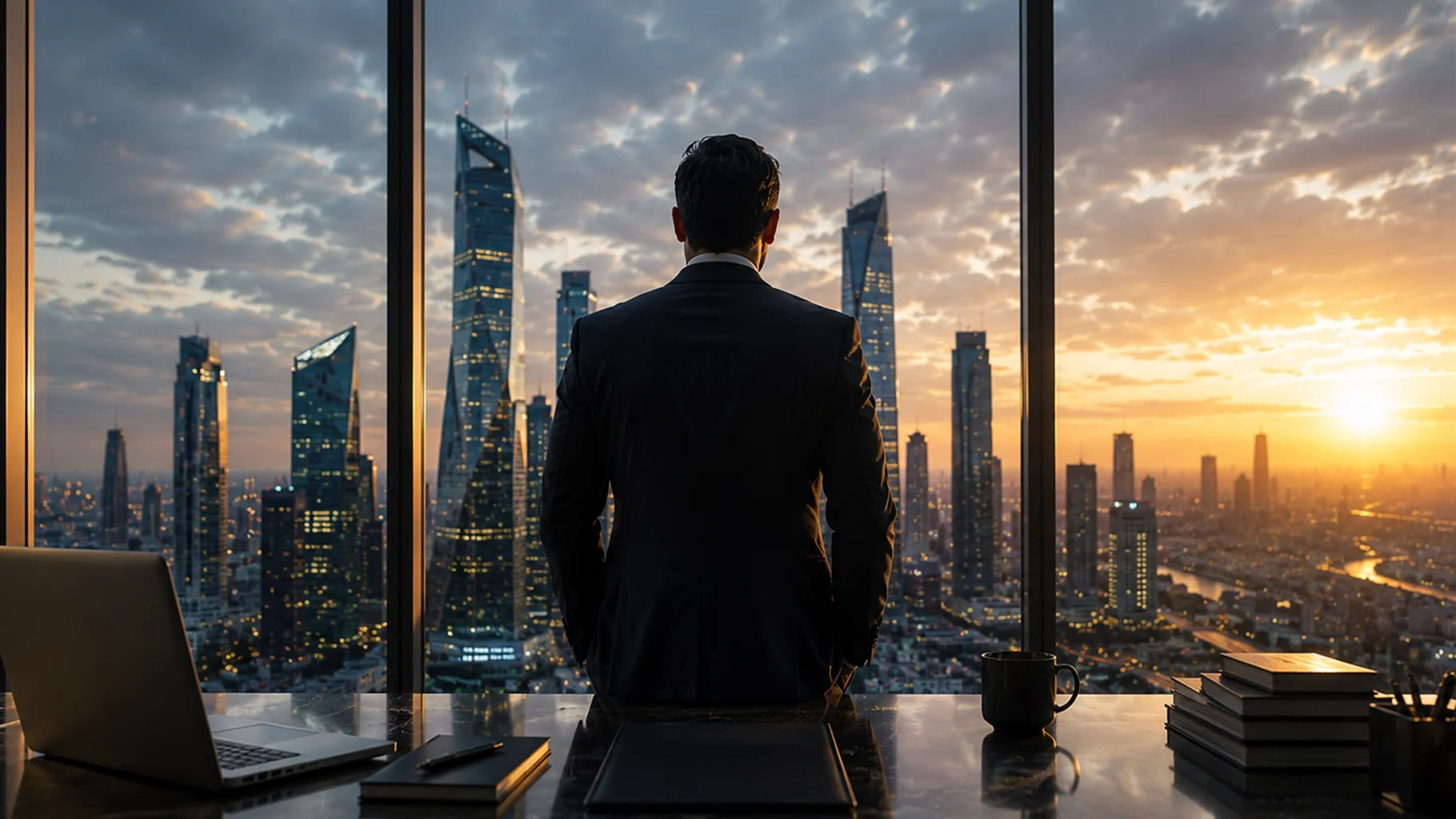 An executive overlooking a city skyline, reflecting the strategic influence of perception