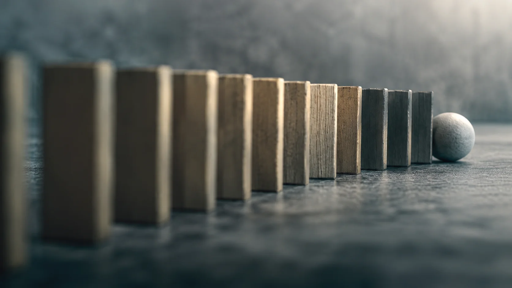 A precise sequence of wooden blocks leading toward a sphere, representing predictability and trust