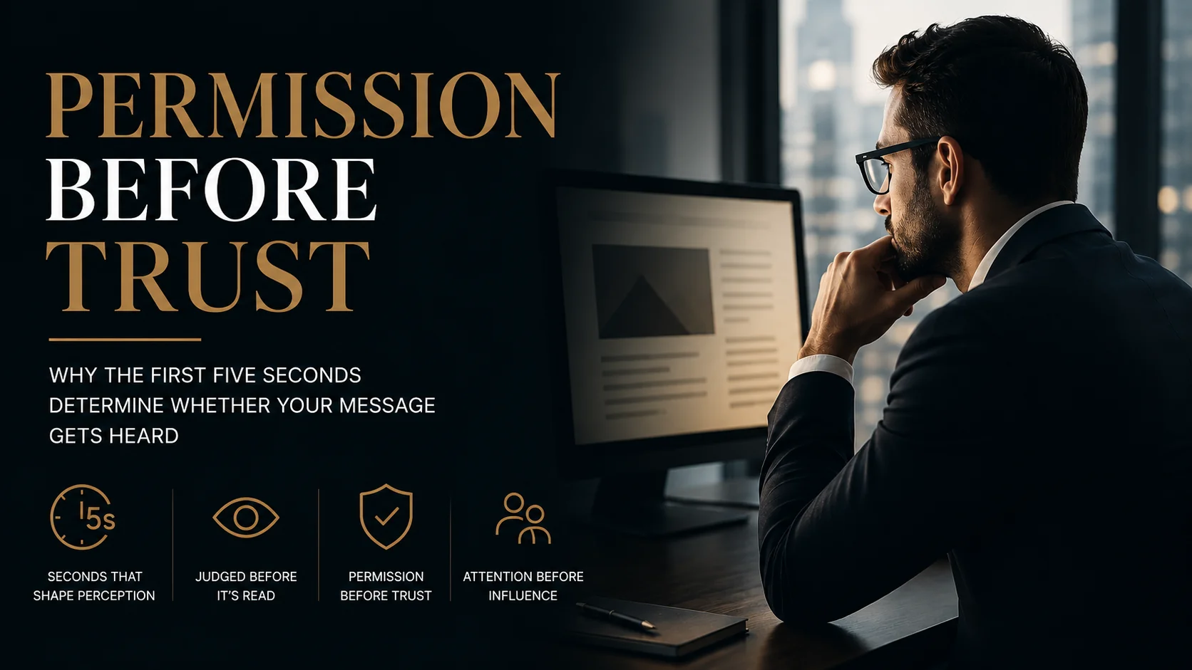 An executive evaluating a message in its first moments, illustrating how perception precedes attention