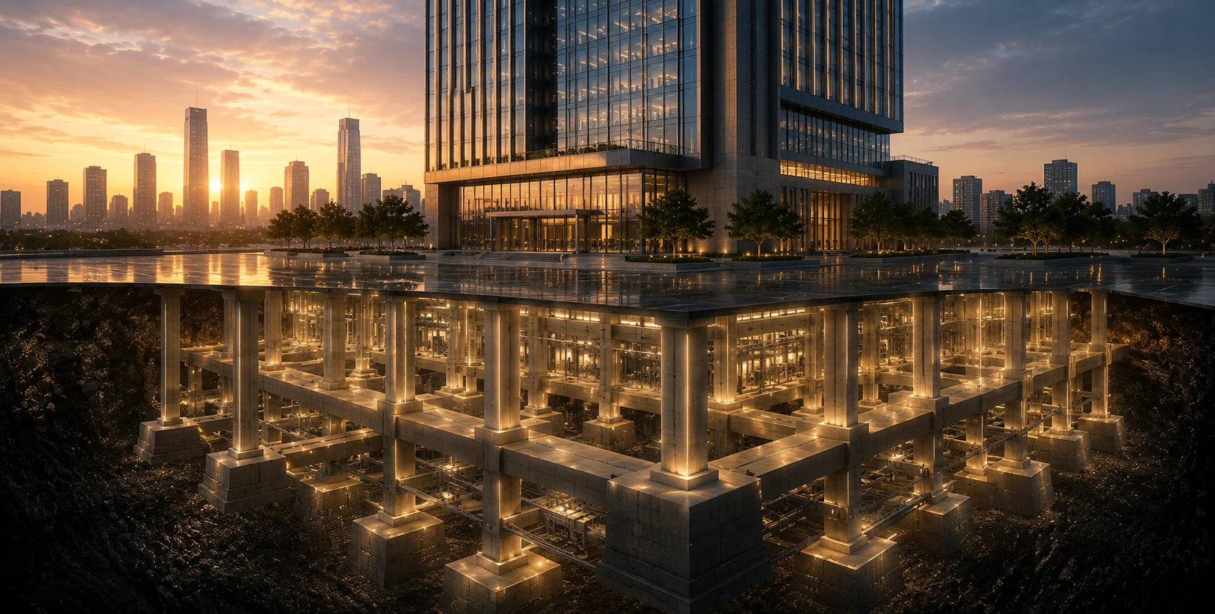 A modern corporate headquarters revealing the strategic foundations beneath its visible presence