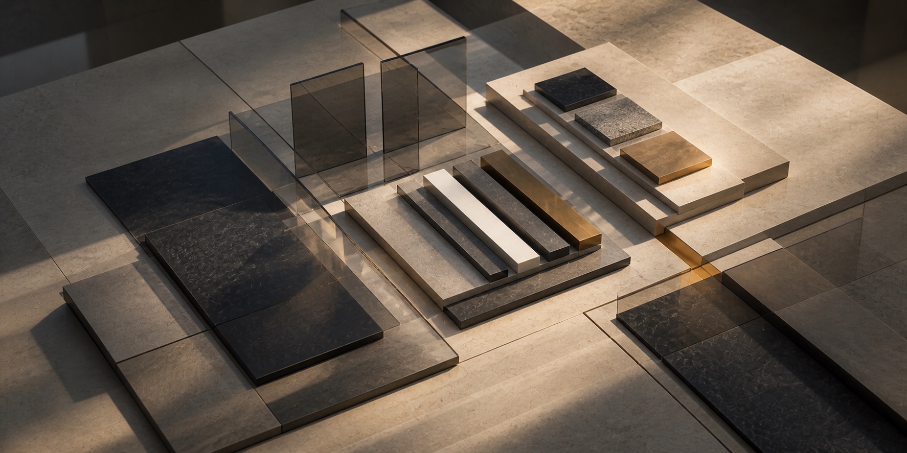 A refined strategic composition of stone, glass, and material blocks showing visual hierarchy and business alignment