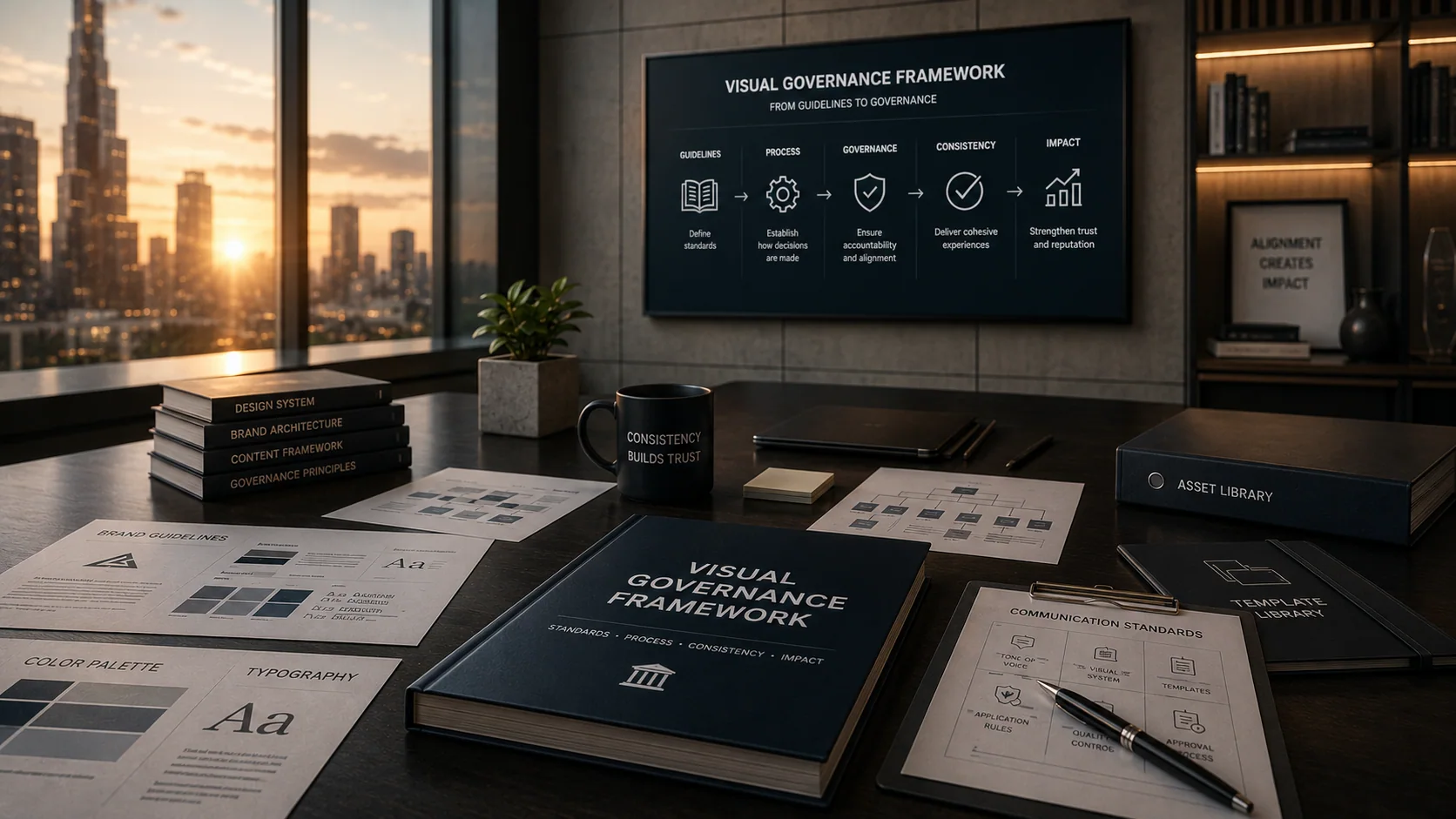 A visual governance framework presented within a professional institutional environment