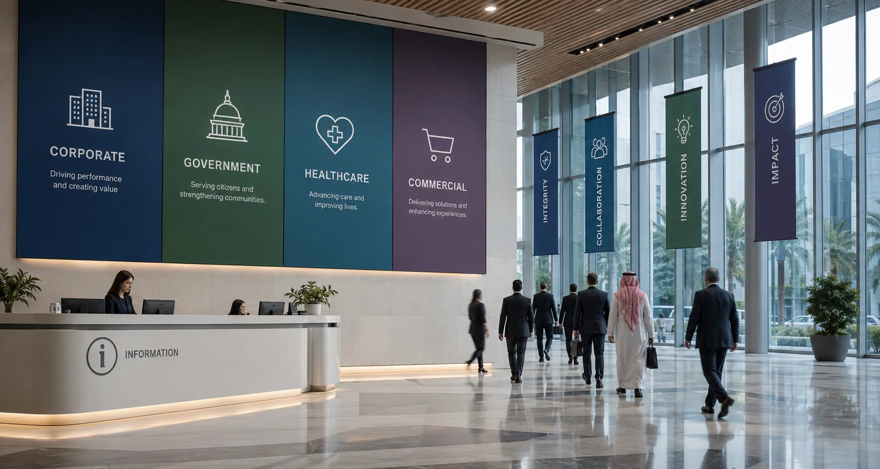 An institutional environment representing corporate, government, healthcare, and commercial brand contexts